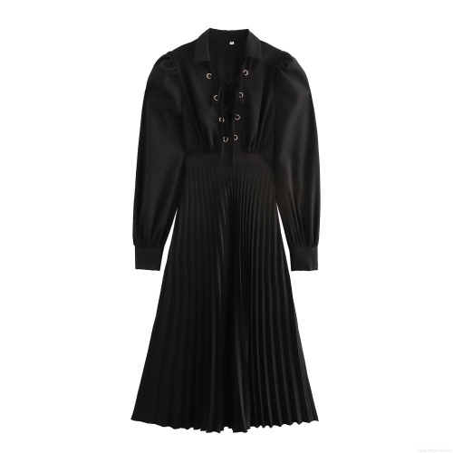 French Style Black Pleated Maxi Dress For Women Elegant Lace Up Front Polo Collar Puff Sleeve Solid Color Polyester Dress For Party Dating