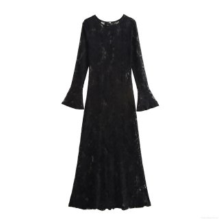 Sexy Lace Maxi Dress Women Elegant Round Neck Long Flare Sleeve Slim Fit Bodycon Evening Party Long Dress Floral Hollow Out Gown