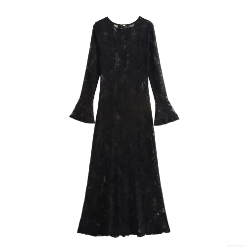 Sexy Lace Maxi Dress Women Elegant Round Neck Long Flare Sleeve Slim Fit Bodycon Evening Party Long Dress Floral Hollow Out Gown