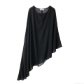 Women's Sexy Resort Style Chiffon Dress With Asymmetrical Hem Round Neck Cape Design Long Sleeve Solid Black Maxi Skirt For Vacation Party