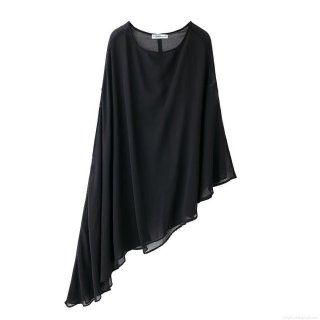 Women's Sexy Resort Style Chiffon Dress With Asymmetrical Hem Round Neck Cape Design Long Sleeve Solid Black Maxi Skirt For Vacation Party