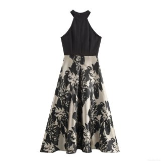 Women's Elegant Halter Neck Sleeveless Maxi Dress Polyester Patchwork Floral Print A-Line Long Gown For Cocktail Party Commute