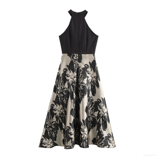 Women's Elegant Halter Neck Sleeveless Maxi Dress Polyester Patchwork Floral Print A-Line Long Gown For Cocktail Party Commute