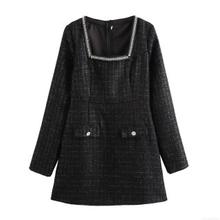 Women Elegant Chanel Style Tweed Mini Dress Square Neck Pearl Rhinestone Trim Long Sleeve A-Line Short Dress For Banquet Party Socialite Lady