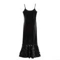 Women's Sexy Black Sequin Splicing Fishtail Maxi Dress Spaghetti Strap Slim Fit Evening Party Socialite Sleeveless Gown