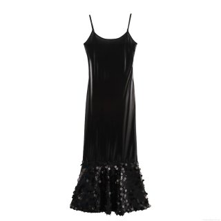 Women's Sexy Black Sequin Splicing Fishtail Maxi Dress Spaghetti Strap Slim Fit Evening Party Socialite Sleeveless Gown