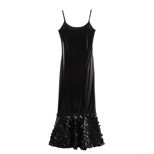 Women's Sexy Black Sequin Splicing Fishtail Maxi Dress Spaghetti Strap Slim Fit Evening Party Socialite Sleeveless Gown