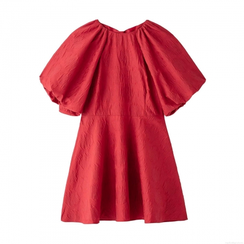 Women Red Puff Sleeve Mini Dress Polyester Textured Backless Bow Tie Elegant A-Line Short Dress for Women Christmas Party Wedding Guest Prom Holiday Sweet Clothing