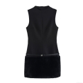 Women's Elegant Black Sleeveless Bodycon Mini Dress With Faux Fur Patchwork And Thin Belt Sexy Evening Party Dress