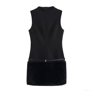 Women's Elegant Black Sleeveless Bodycon Mini Dress With Faux Fur Patchwork And Thin Belt Sexy Evening Party Dress