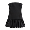 Women's Sexy Strapless Black Satin Mini Dress With Rhinestone Ruffle Bubble Hem Elegant Party Evening Cocktail Dress Sleeveless Bodycon Dress