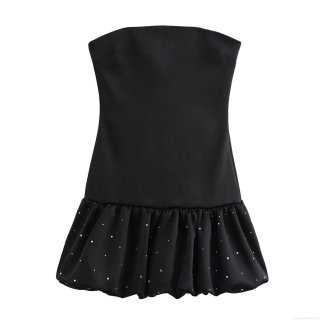 Women's Sexy Strapless Black Satin Mini Dress With Rhinestone Ruffle Bubble Hem Elegant Party Evening Cocktail Dress Sleeveless Bodycon Dress