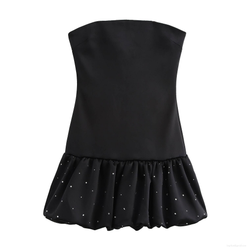 Women's Sexy Strapless Black Satin Mini Dress With Rhinestone Ruffle Bubble Hem Elegant Party Evening Cocktail Dress Sleeveless Bodycon Dress