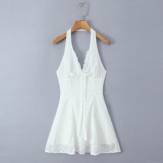 Women's White Sexy Halter Mini Dress with Floral Embroidery Lace Bow Backless Design Sweet Party Sleeveless Sundress