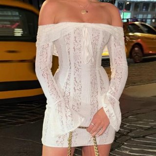 Women's Sexy Off-The-Shoulder Lace Mini Dress Long Sleeve Slim Fit Bodycon Party Dress Elegant White Trumpet Sleeve Clubwear