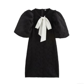 Elegant Women Rose Jacquard Mini Dress Sexy Puff Sleeve Bodycon Contrast White Bow Party Dress Retro Back Zipper Short Dress For Women Clubwear