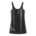 Women's Retro Black PU Leather Mini Dress Elegant Silver Beaded Flower Sleeveless Spaghetti Strap Party Dress Chic A-Line Clubwear Dress