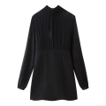 Elegant Pleated Chiffon Dress Women Mock Neck Tie-Up Long Sleeve Bodycon Mini Dress For Office Daily Commute Slim Fit Solid Black Pullover Robe