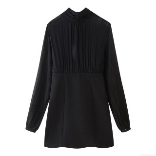 Elegant Pleated Chiffon Dress Women Mock Neck Tie-Up Long Sleeve Bodycon Mini Dress For Office Daily Commute Slim Fit Solid Black Pullover Robe