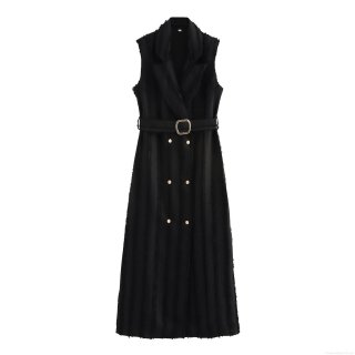 Women's Sleeveless Blazer Maxi Dress With Belt Elegant Double Breasted Polyester Fringed Long Dress For Office Commute Ladies