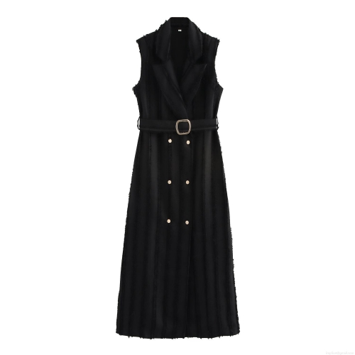Women's Sleeveless Blazer Maxi Dress With Belt Elegant Double Breasted Polyester Fringed Long Dress For Office Commute Ladies