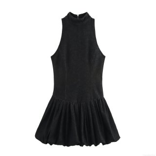 Women's Sexy Black Mock Neck Sleeveless Denim Look Polyester Mini Dress Bubble Hem Tulip Skirt Elegant Slim Fit Short Party Clubwear Dress