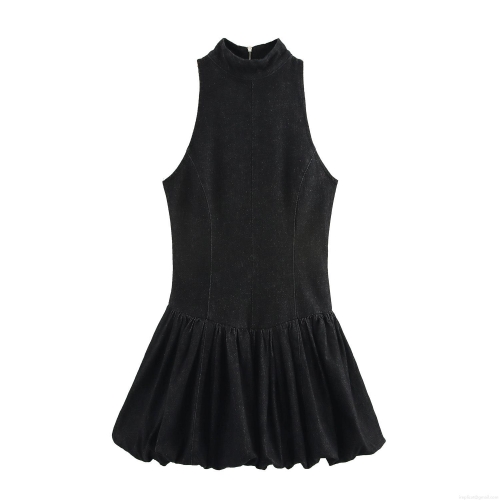 Women's Sexy Black Mock Neck Sleeveless Denim Look Polyester Mini Dress Bubble Hem Tulip Skirt Elegant Slim Fit Short Party Clubwear Dress