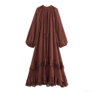 Women's Bohemian Solid Color Chiffon Maxi Dress High Neck Tie Lantern Sleeve Tiered Ruffle Hem Long Dress With Belt For Vacation Party