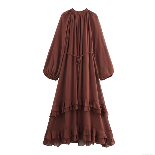 Women's Bohemian Solid Color Chiffon Maxi Dress High Neck Tie Lantern Sleeve Tiered Ruffle Hem Long Dress With Belt For Vacation Party
