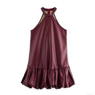 Women Sexy Halter Neck PU Leather Mini Dress Sleeveless High Waist Flower Bud Hem Wine Red Faux Leather Party Evening Clubwear Dresses