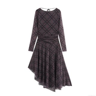 Women's Plaid Maxi Dress Sexy Backless Lace-up Mesh Patchwork Long Sleeve Retro High Waist A-Line Long Dress For Autumn Daily Party
