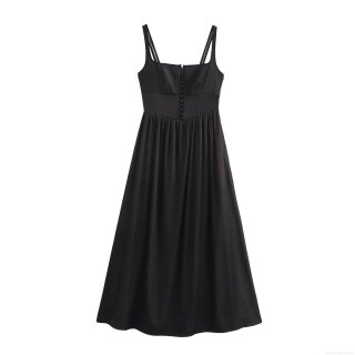 Women's French Style Faux Denim Suspender Maxi Dress Elegant Square Neck High Waist Sexy Sleeveless Row Button Long Pleated Dress For Summer Party Casual