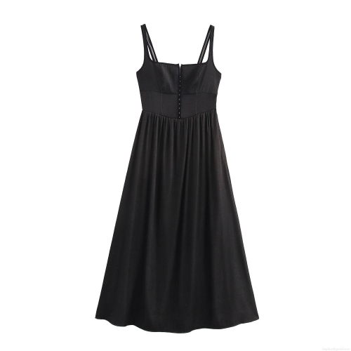 Women's French Style Faux Denim Suspender Maxi Dress Elegant Square Neck High Waist Sexy Sleeveless Row Button Long Pleated Dress For Summer Party Casual