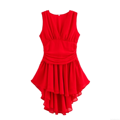 Women's Sexy Round Neck Sleeveless Irregular Hem Mini Dress Solid Color High Waist Pleated Ruffle Chiffon Polyester Dress For Party Club Vacation