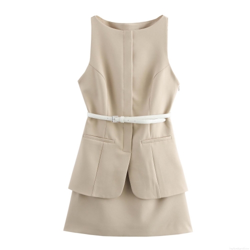 Women's Elegant Sleeveless Mini Dress With Belt Solid Color Khaki Round Neck A-Line Layered Ruffle Hem Dress For Office Daily Party Commuter Wear