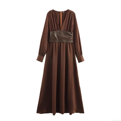 Elegant V Neck Long Sleeve Maxi Dress For Women Solid Color Deep Brown Pleated Dress With Waist Belt Intellectual Office Commuter Bohemian Long Dress