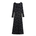 Women's Sexy Elegant Floral Jacquard Knit Maxi Dress Slim Fit Round Neck Long Sleeve Black Glitter Flocking Party Evening Dress