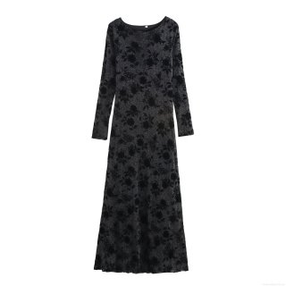 Women's Sexy Elegant Floral Jacquard Knit Maxi Dress Slim Fit Round Neck Long Sleeve Black Glitter Flocking Party Evening Dress