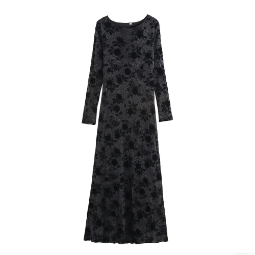 Women's Sexy Elegant Floral Jacquard Knit Maxi Dress Slim Fit Round Neck Long Sleeve Black Glitter Flocking Party Evening Dress