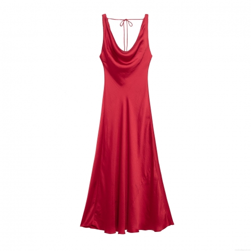 Sexy Cowl Neck Backless Satin Maxi Dress For Women Elegant Lace Up Spaghetti Strap Drape Party Evening Long Cami Dress