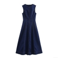 Women's Casual Sleeveless Denim Midi Dress Contrast Stitching High Waist A-Line Long Vest Dress With Back Zipper Elegant Daily Office Outfits