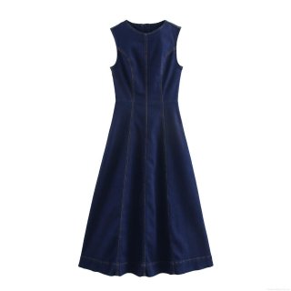 Women's Casual Sleeveless Denim Midi Dress Contrast Stitching High Waist A-Line Long Vest Dress With Back Zipper Elegant Daily Office Outfits