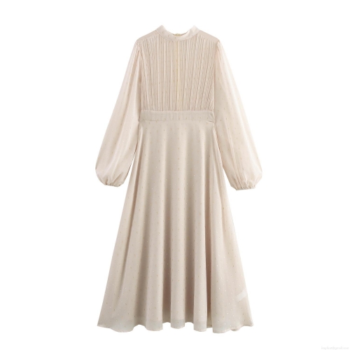 Elegant French Style Maxi Dress Chiffon Polyester With Gold Metallic Polka Dot Pleated Long Sleeve Lantern Sleeve High Waist Long Dress For Women Party Wedding Guest