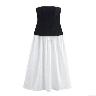 Women's Elegant Color Block Tube Midi Dress High Waist Pleated Polyester Sleeveless Dress For Office Party Work Commuter Minimalist Style