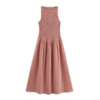 Women's Red White Plaid Smocked Sleeveless Maxi Dress Summer A-Line Checkered Long Gown Sweet Academy Style Polyester Sundress with Elastic Bodice