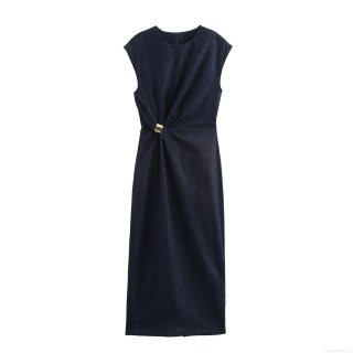 Women's Sleeveless Denim Look Midi Dress with Gold Metal Buckle Twist Waist Detail Round Neck Solid Color High Waist Elegant Casual Dress for Women