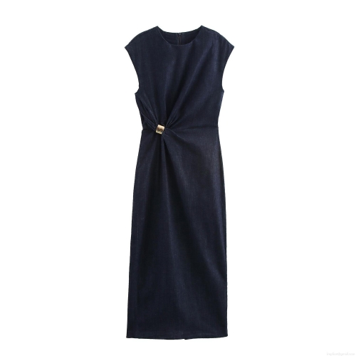 Women's Sleeveless Denim Look Midi Dress with Gold Metal Buckle Twist Waist Detail Round Neck Solid Color High Waist Elegant Casual Dress for Women