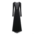 Women Sexy Lace Backless Maxi Dress Elegant Long Sleeve Round Neck Slim Fit Floor-Length Evening Party Gown Solid Black Polyester Lace Dress