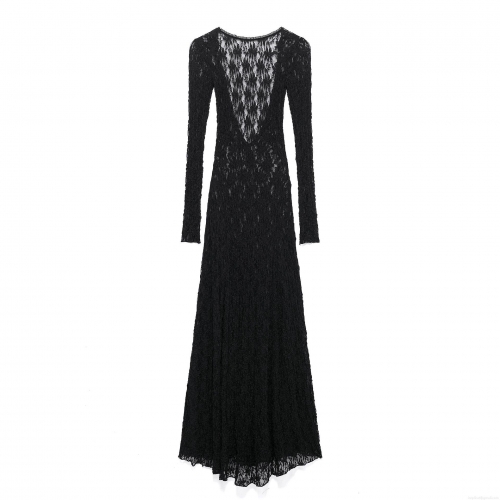 Women Sexy Lace Backless Maxi Dress Elegant Long Sleeve Round Neck Slim Fit Floor-Length Evening Party Gown Solid Black Polyester Lace Dress