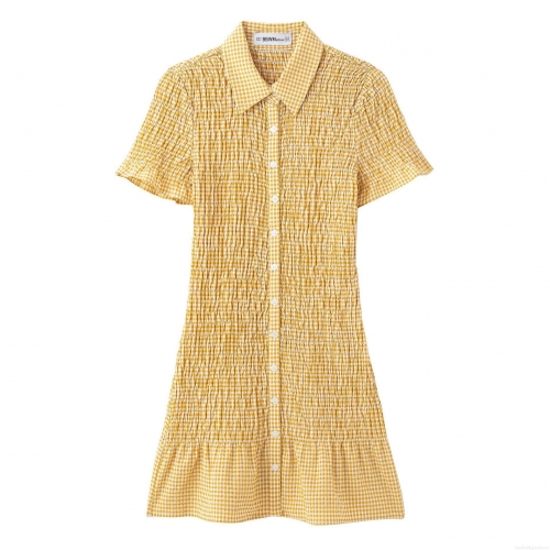 Women's Preppy Yellow Plaid Mini Dress Shirred Smocking Bodycon Polo Neck Short Sleeve Ruffle Hem Button Down Polyester Summer Dress